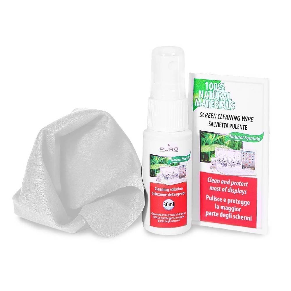 Puro Kit pulizia schermi Spray 30ml, panno microfibra e 10 salviette umidificate Officina