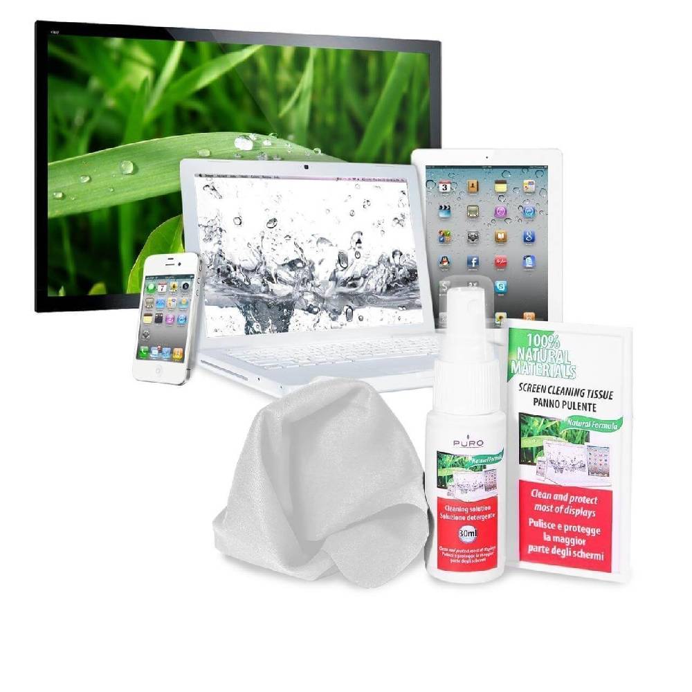 Puro Kit pulizia schermi Spray 30ml, panno microfibra e 10 salviette umidificate Officina