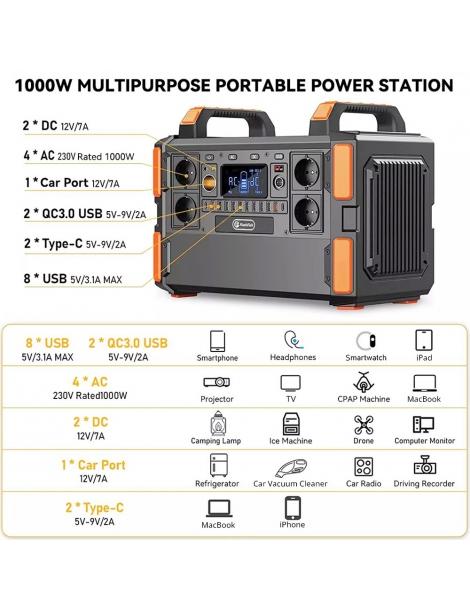 Generatore solare portatile Flashfish F132 1041.6Wh/1000W batteria LiFePo4 uscita 230V AC 19 uscite versione UE Outlet