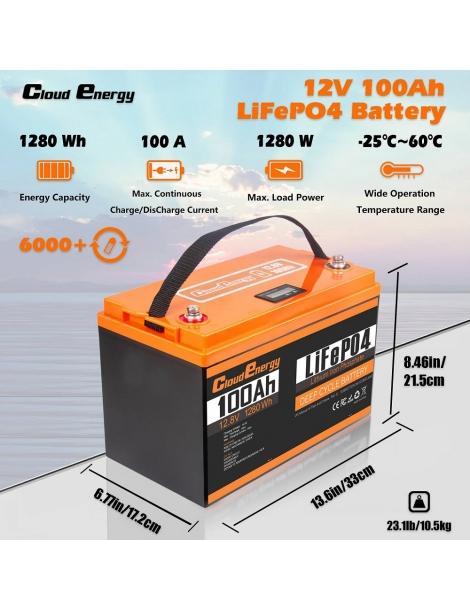 Cloudenergy 12V 100Ah LiFePO4 Battery Pack 1280Wh di energia 6000+ cicli BMS integrato 100A supporto serie/parallelo Online