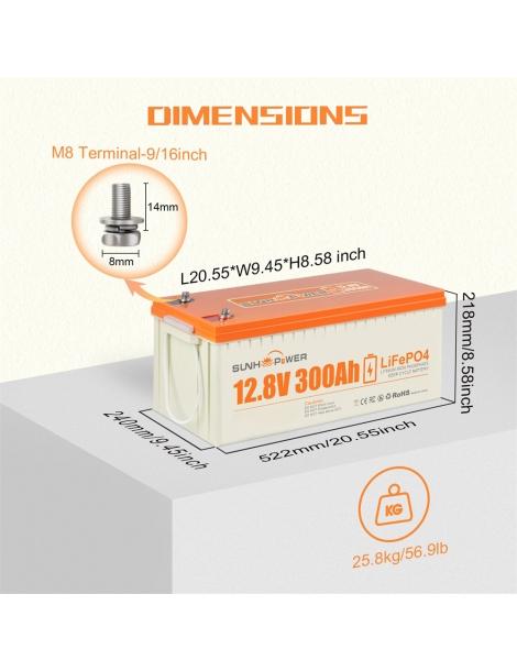 SUNHOOPOWER 12V 300Ah LiFePO4 Batteria energia 3840Wh BMS 200A integrato potenza di carico max. 2560W IP68 2025