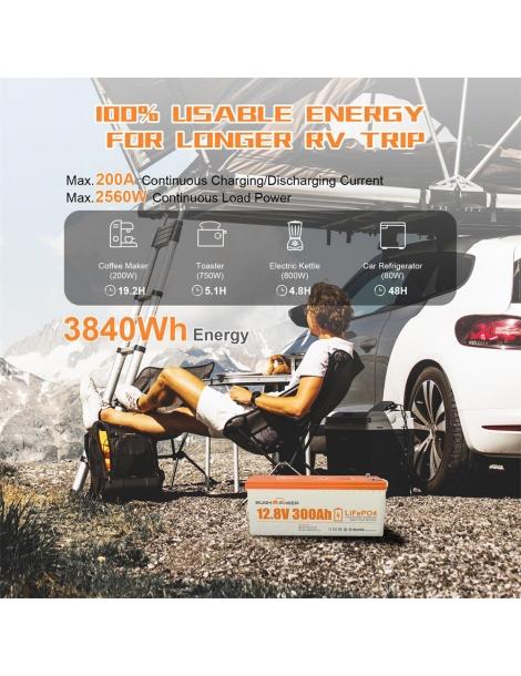 SUNHOOPOWER 12V 300Ah LiFePO4 Batteria energia 3840Wh BMS 200A integrato potenza di carico max. 2560W IP68 2025