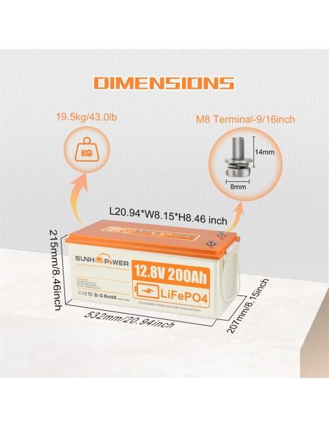 SUNHOOPOWER 12V 200Ah LiFePO4 Batteria energia 2560Wh BMS 100A integrato potenza di carico max. 1280W IP68 Italy