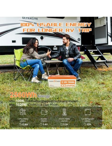 SUNHOOPOWER 12V 200Ah LiFePO4 Batteria energia 2560Wh BMS 100A integrato potenza di carico max. 1280W IP68 Italy