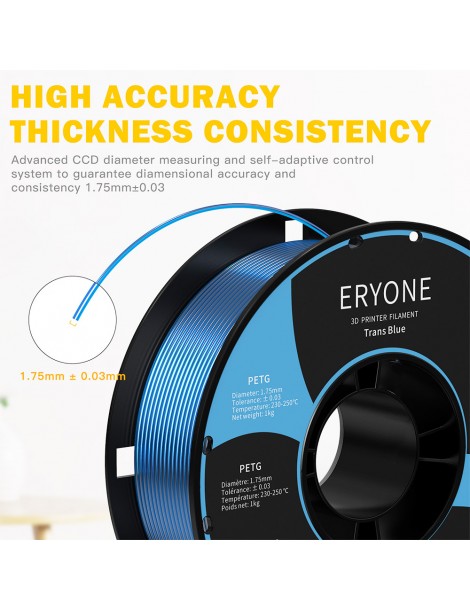 ERYONE PETG Filamento per stampante 3D 1 75mm Tolleranza 0 03mm 1KG(2.2LBS)/Spool - Blu trasparente In Linea