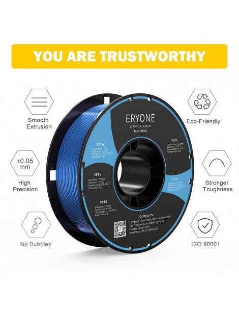 ERYONE PETG Filamento per stampante 3D 1 75mm Tolleranza 0 03mm 1KG(2.2LBS)/Spool - Blu trasparente In Linea