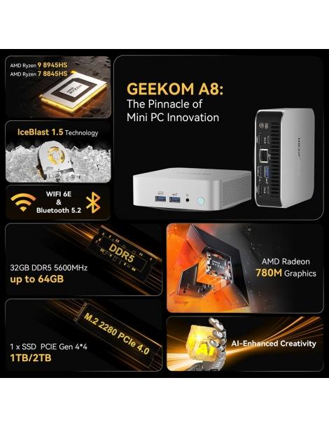 GEEKOM A8 AI Mini PC AMD Ryzen 9 8945HS 8 Core Max 5.2GHz 32GB DDR5 RAM 2TB SSD Qualità Garantita