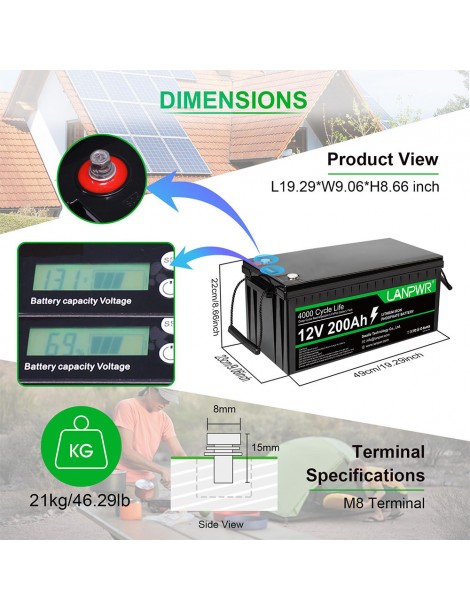 LANPWR 12V 200Ah LiFePO4 Batteria di backup 2560Wh di energia 4000 cicli profondi Italia