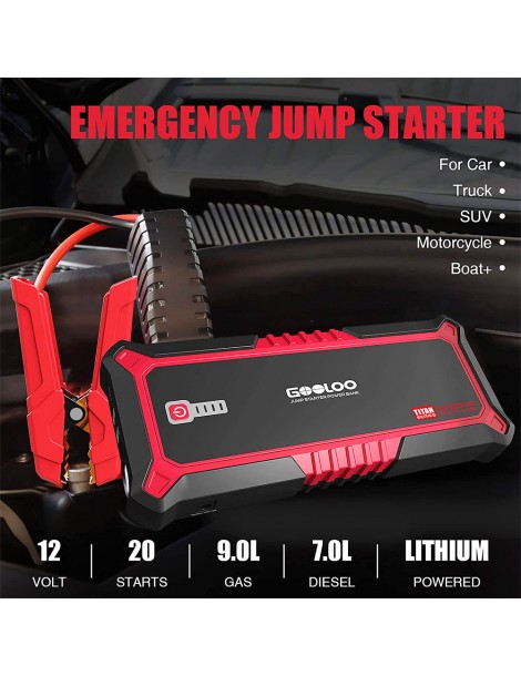 GOOLOO GP2000 avviatore di emergenza per auto con picco di 2000A Jump Box da 12V alimentatore da 19800mAh - Rosso 2025