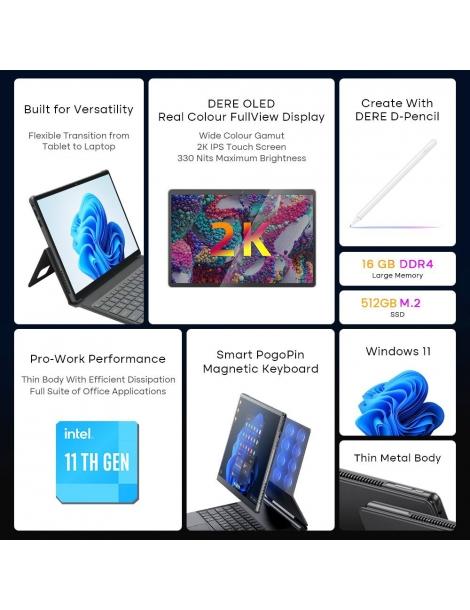 DERE T30 PRO 2-in-1 Laptop 13 pollici 2K IPS Touch Screen Tablet PC/Tastiera magica Penna stilo 16GB DDR4 512GB SSD - Verde Bestseller